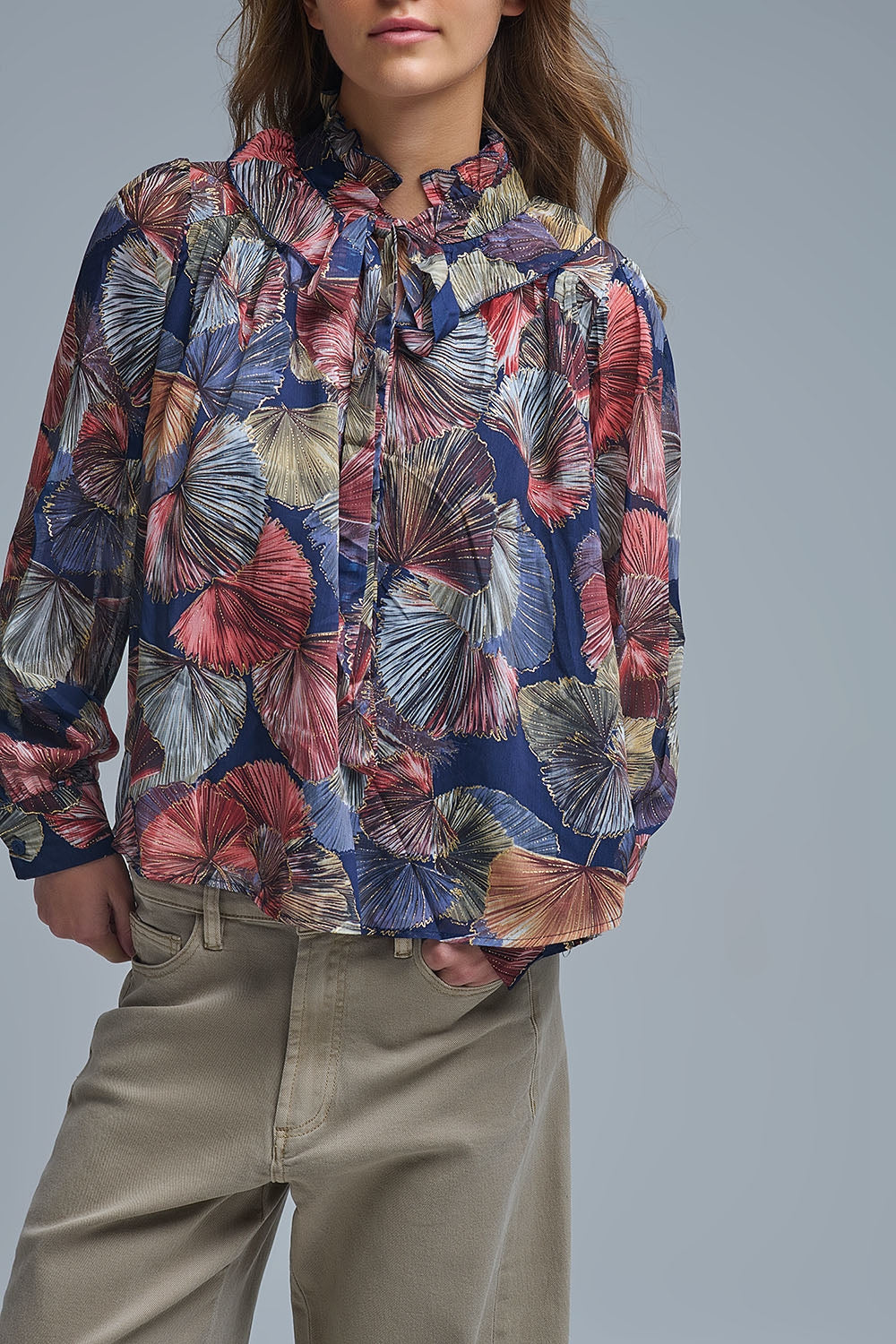 Boho-Chic Printed Ruffle Blouse in Metallic Palms Print