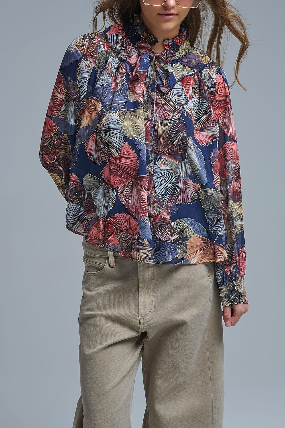 Boho-Chic Printed Ruffle Blouse in Metallic Palms Print