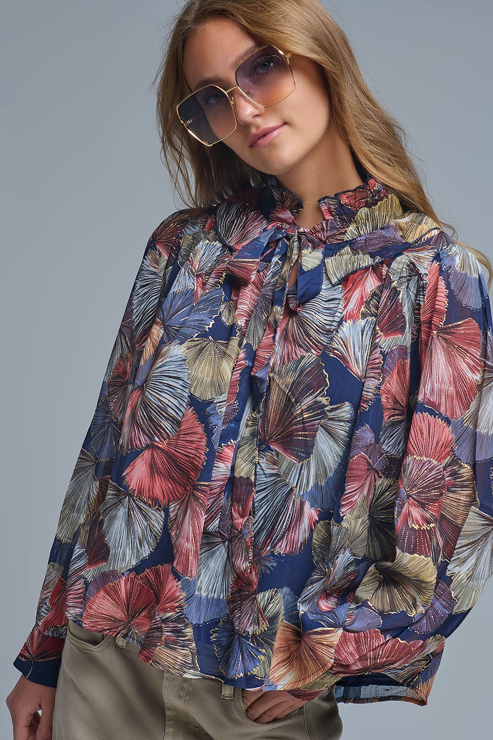 Q2 Boho-Chic Printed Ruffle Blouse in Metallic Palms Print
