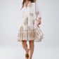 Q2 Boho Long Sleeve Dress With Leaf Print and Lurex Details in White