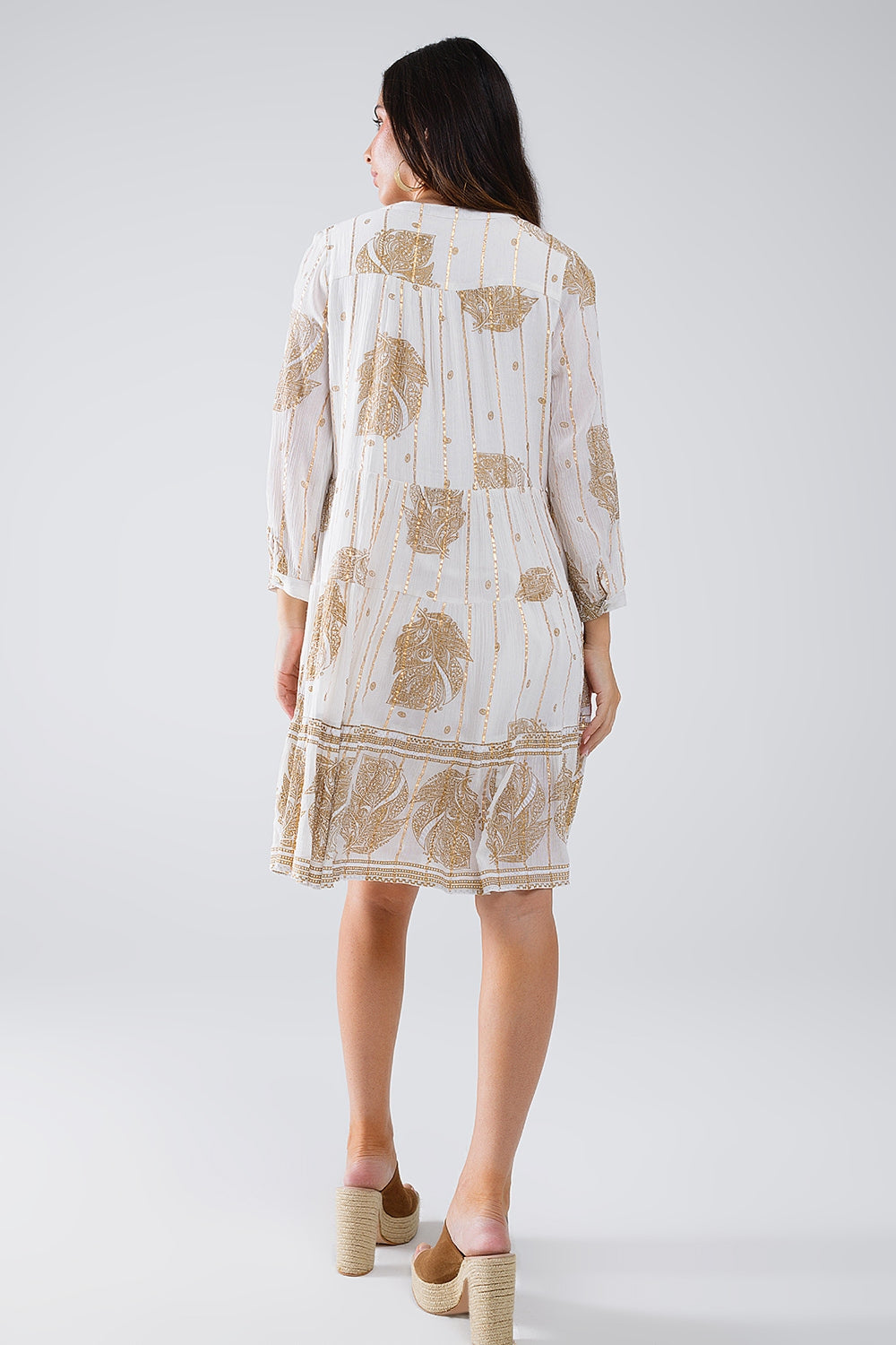 Boho Long Sleeve Dress With Leaf Print and Lurex Details in White