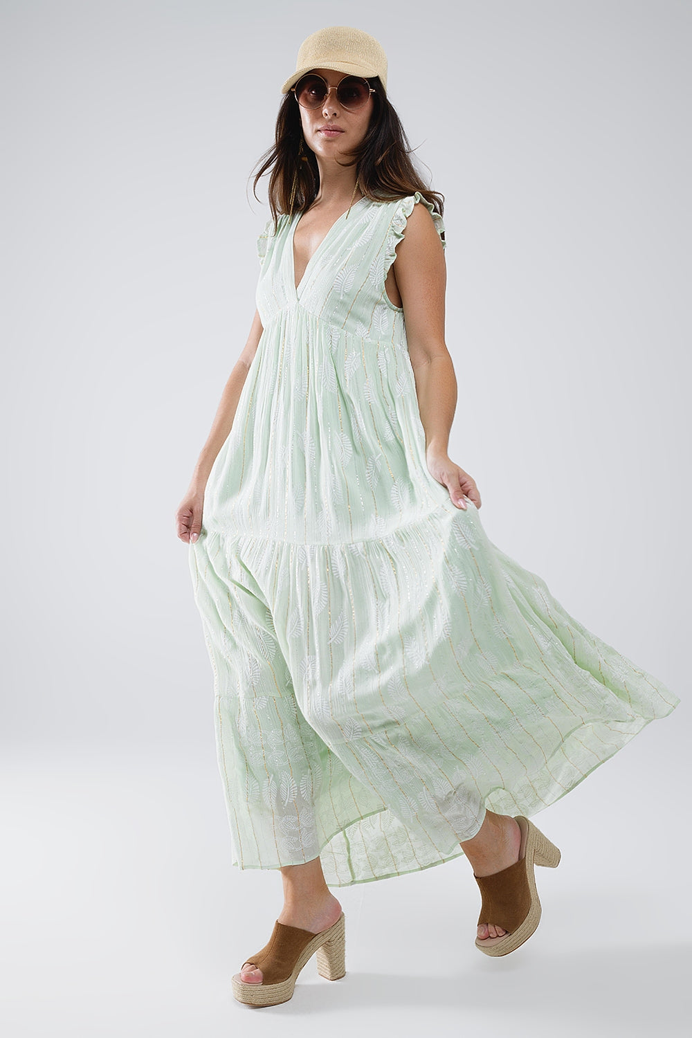 Q2 Boho Maxi Babydoll Dress With Leaf Print and Lurex in Mint