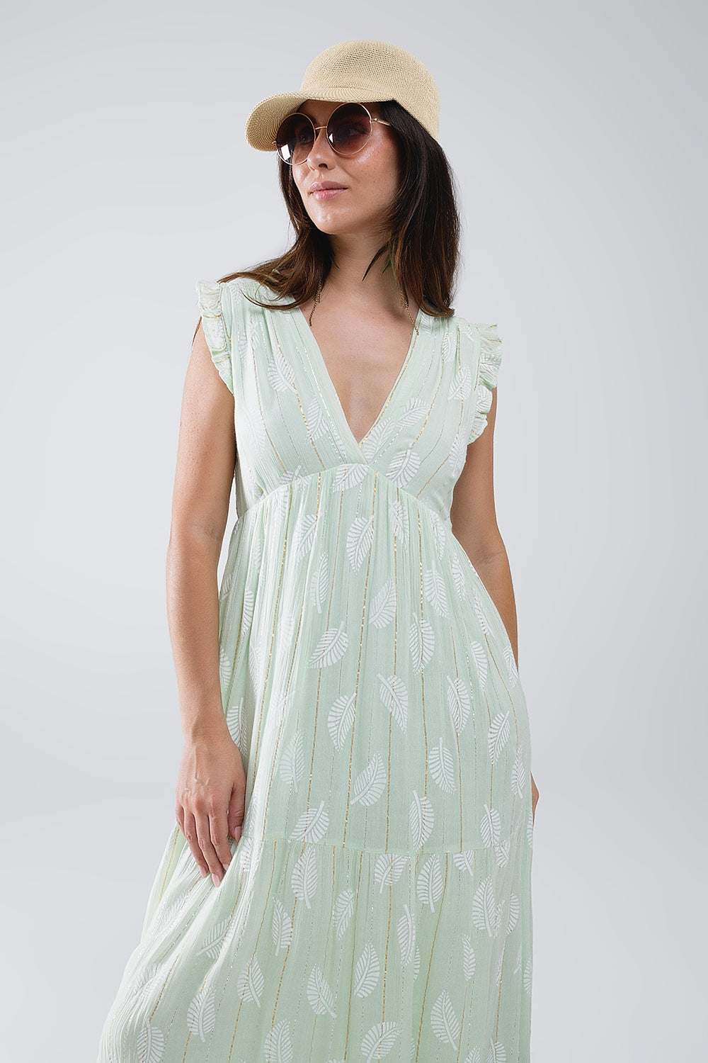 Boho Maxi Babydoll Dress With Leaf Print and Lurex in Mint