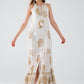 Q2 boho maxi chiffon dress with gold flower print