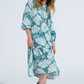 Q2 Boho Maxi Dress With Balloon Sleeves And Leaf Print In Green