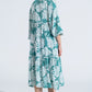 Boho Maxi Dress With Balloon Sleeves And Leaf Print In Green