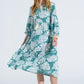 Boho Maxi Dress With Balloon Sleeves And Leaf Print In Green