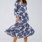 Q2 Boho Maxi Dress With Balloon Sleeves And Leaf Print In navy and White