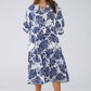 Boho Maxi Dress With Balloon Sleeves And Leaf Print In navy and White