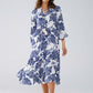 Boho Maxi Dress With Balloon Sleeves And Leaf Print In navy and White