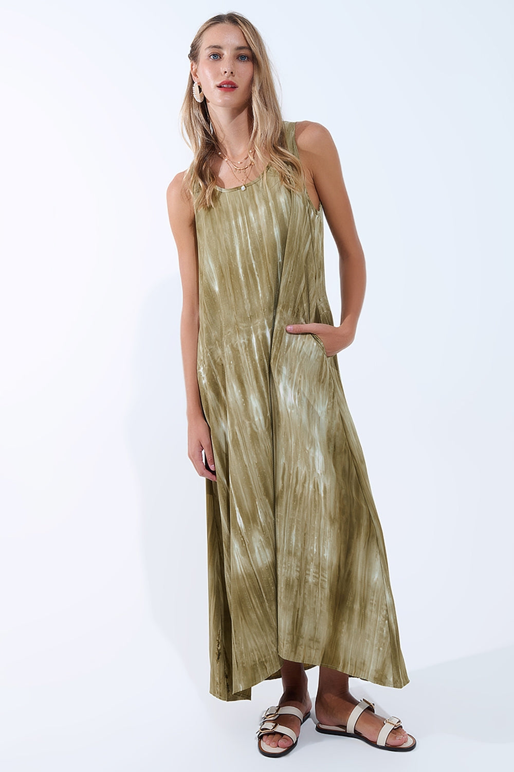 Q2 Boho Relaxed Dress in Kakhi Green Tie Dye in high quality fabric