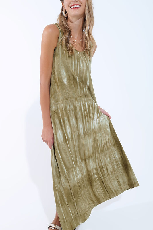 Boho Relaxed Dress in Kakhi Green Tie Dye in high quality fabric