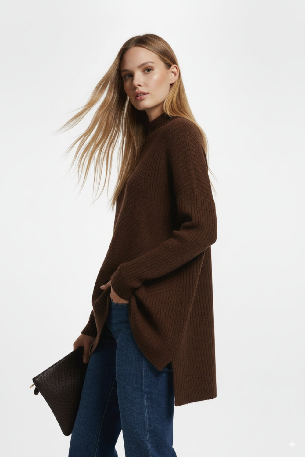 Brown Asymmetric Ribbed Knit Sweater Tunic