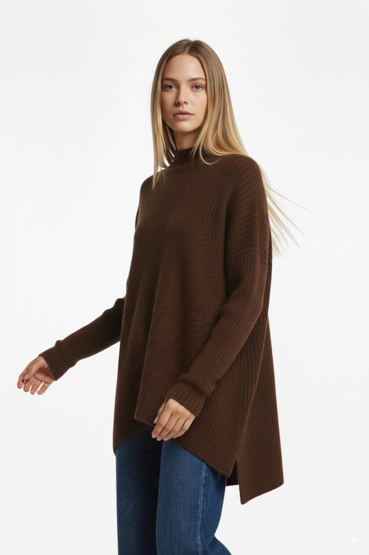 Brown Asymmetric Ribbed Knit Sweater Tunic