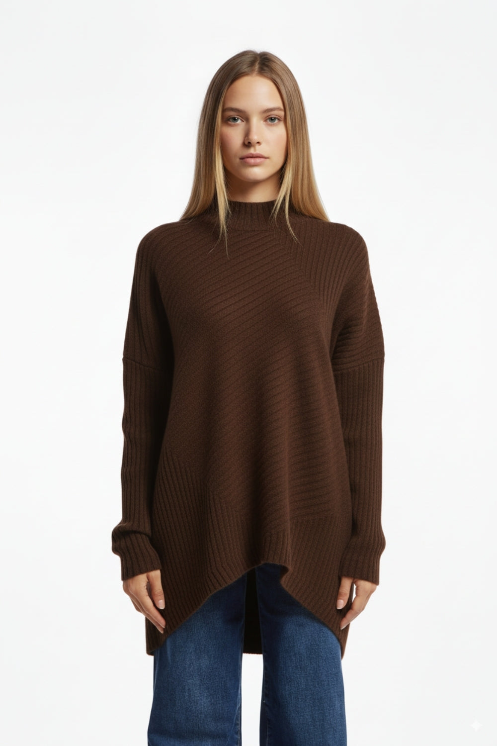 Brown Asymmetric Ribbed Knit Sweater Tunic