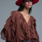 Q2 Brown chiffon V-Neck All Over Ruffle Blouse