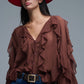 Brown chiffon V-Neck All Over Ruffle Blouse