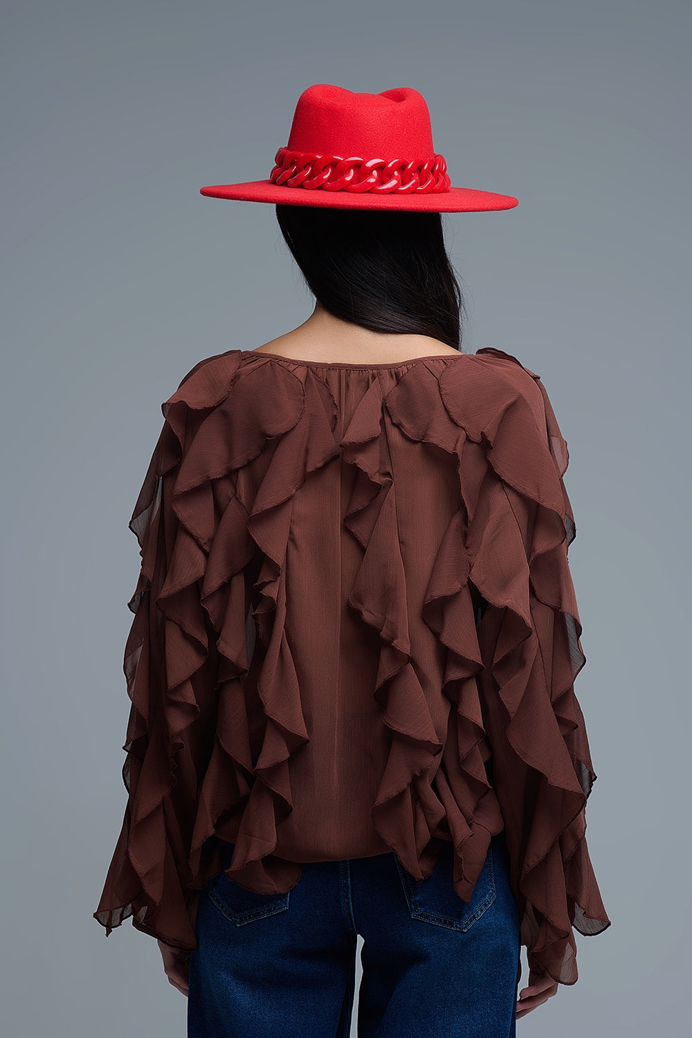 Brown chiffon V-Neck All Over Ruffle Blouse