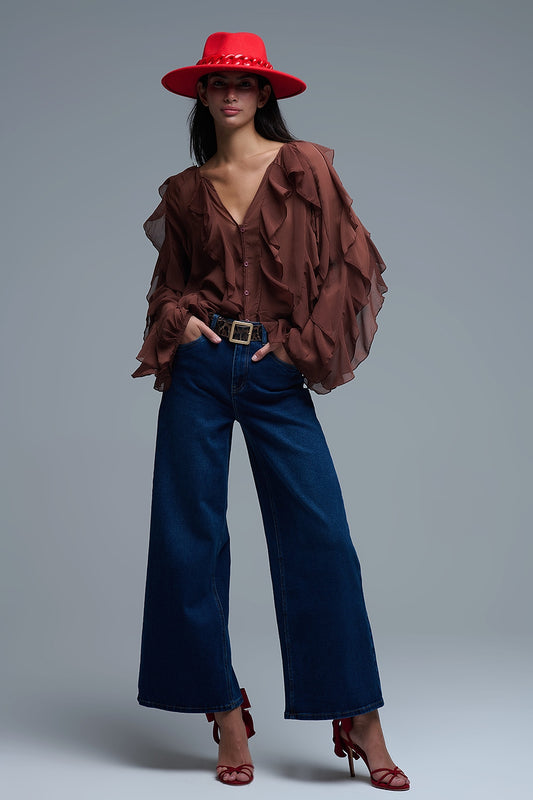 Brown chiffon V-Neck All Over Ruffle Blouse