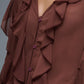 Brown chiffon V-Neck All Over Ruffle Blouse