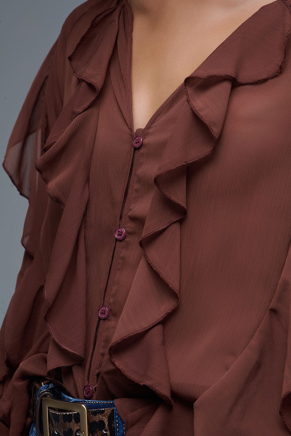 Brown chiffon V-Neck All Over Ruffle Blouse