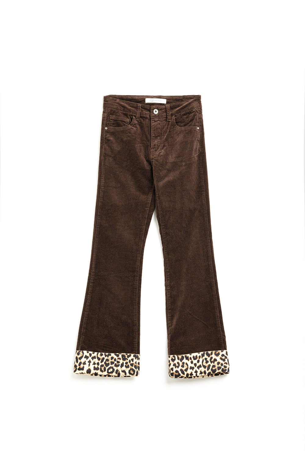 Brown corduroy flare pants with leopard print at the bottom