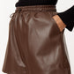 Brown faux leather shorts with gathering at the waist with drawstring