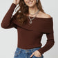 brown fine ribbed knit sweater with wide boat neck