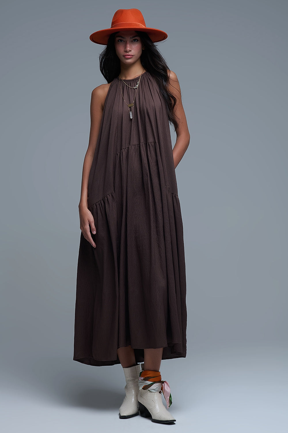 Q2 Brown Halter Neck Maxi Dress With Seam Detailing