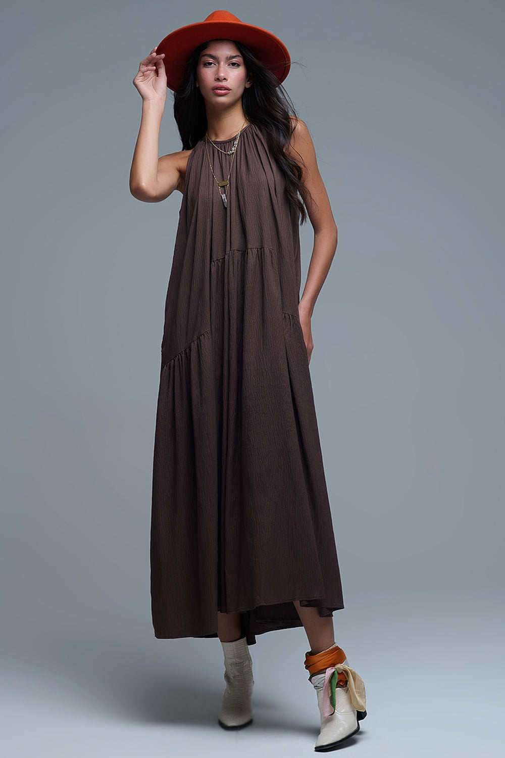 Brown Halter Neck Maxi Dress With Seam Detailing