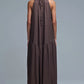 Brown Halter Neck Maxi Dress With Seam Detailing