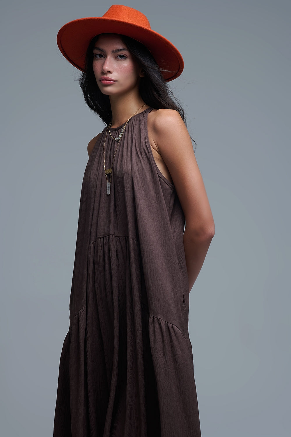 Brown Halter Neck Maxi Dress With Seam Detailing
