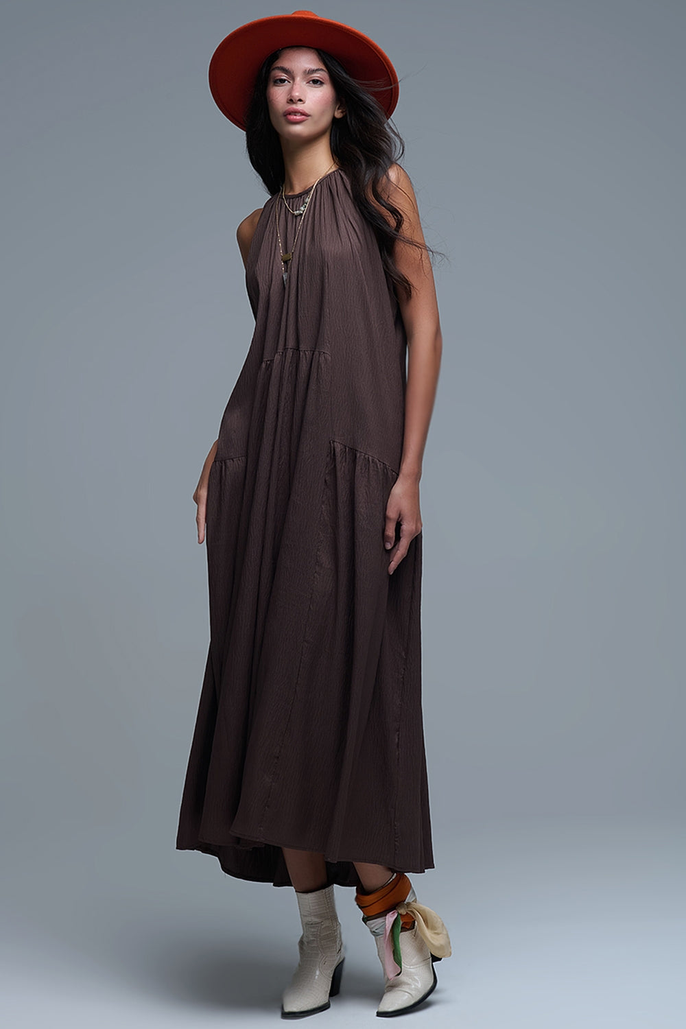 Brown Halter Neck Maxi Dress With Seam Detailing