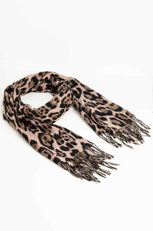 brown Leopard print fluffy knit scarf with rhinestone details