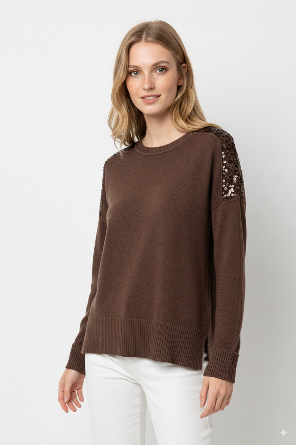 Brown Long Sleeves Sweater With Sequins on The Shoulders