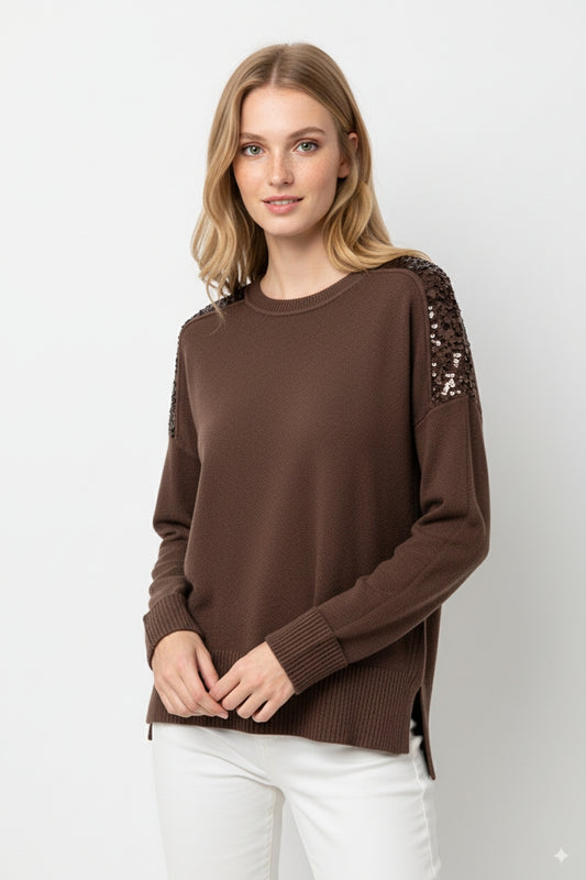 Brown Long Sleeves Sweater With Sequins on The Shoulders
