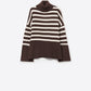 Q2 Brown oversized turtleneck sweater with white stripes and splits on the side