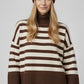 Brown oversized turtleneck sweater with white stripes and splits on the side