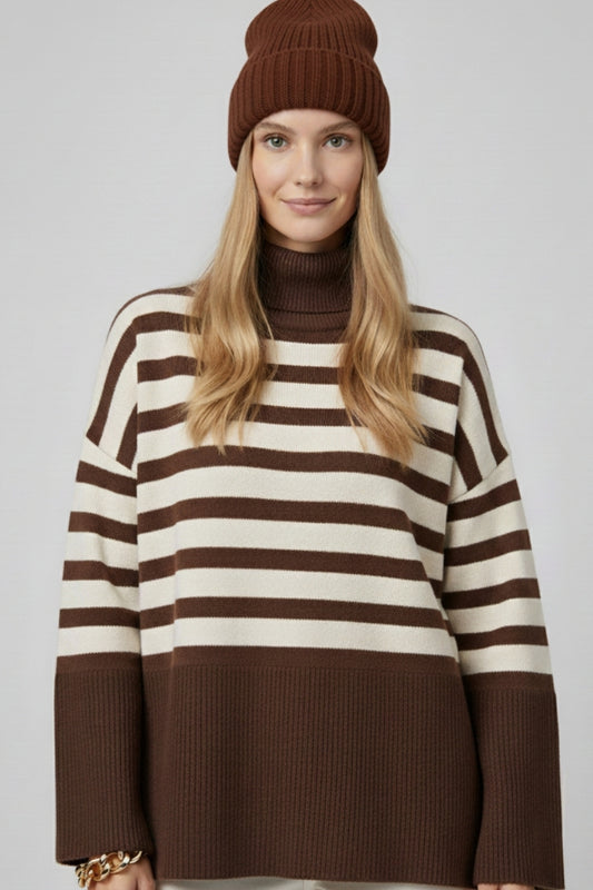 Brown oversized turtleneck sweater with white stripes and splits on the side
