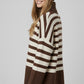 Brown oversized turtleneck sweater with white stripes and splits on the side