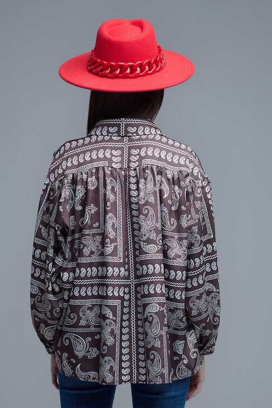 Brown Paisley Shirt With Voluminous Sleeves