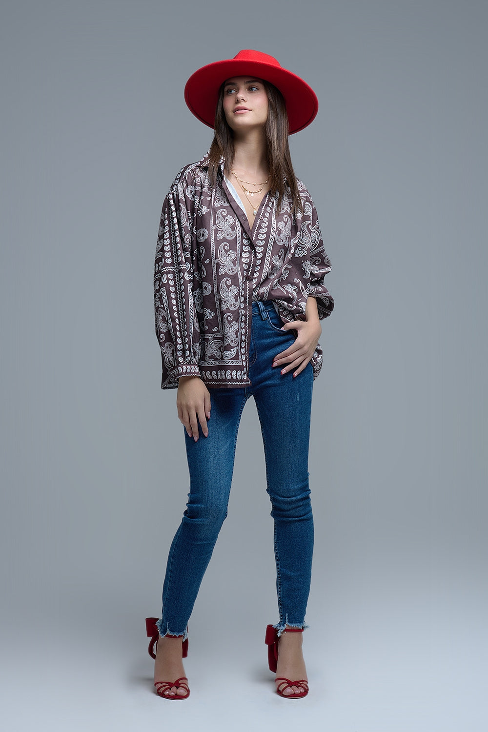 Brown Paisley Shirt With Voluminous Sleeves