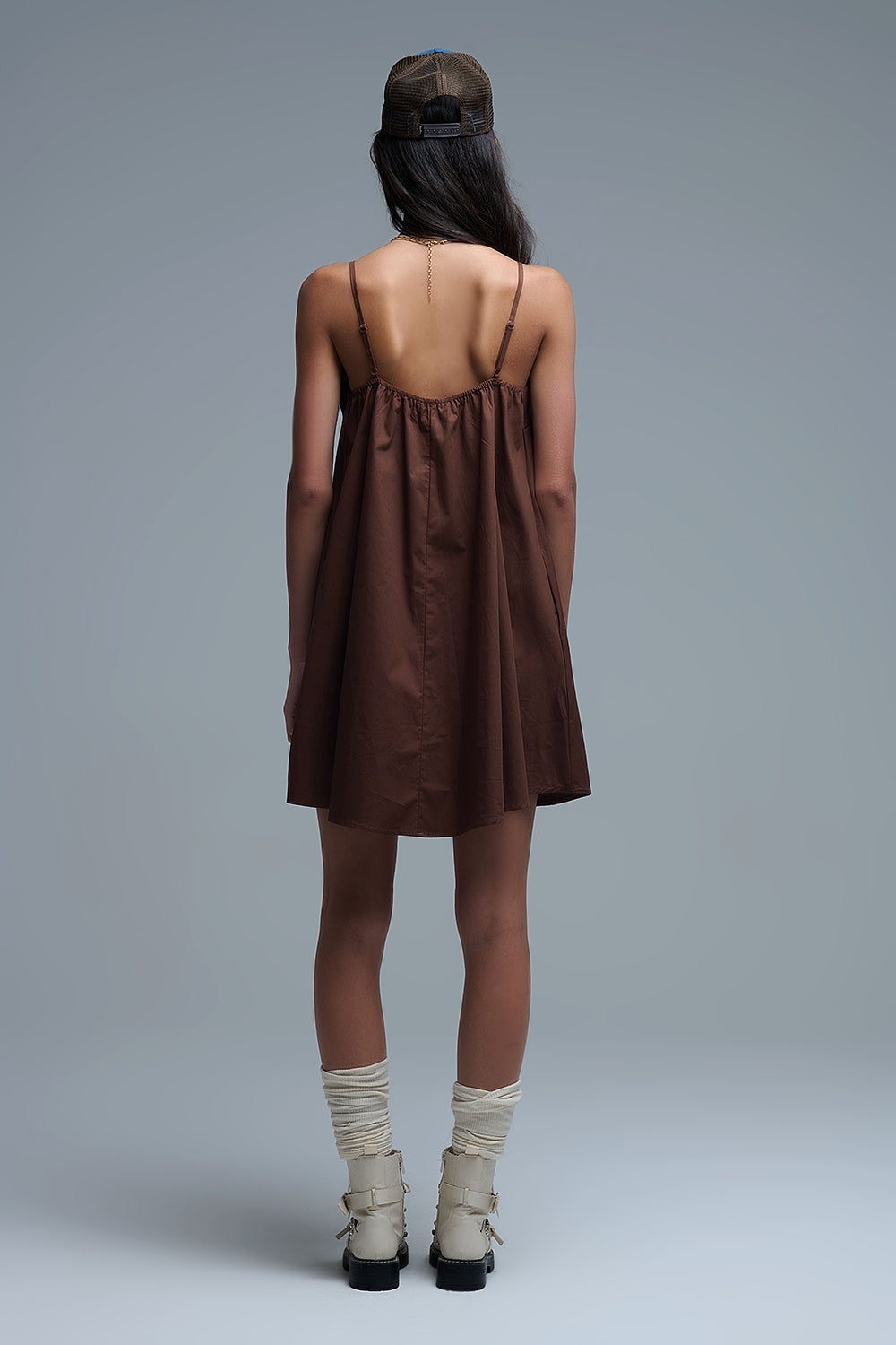 Brown poplin mini dress with a big bow detail