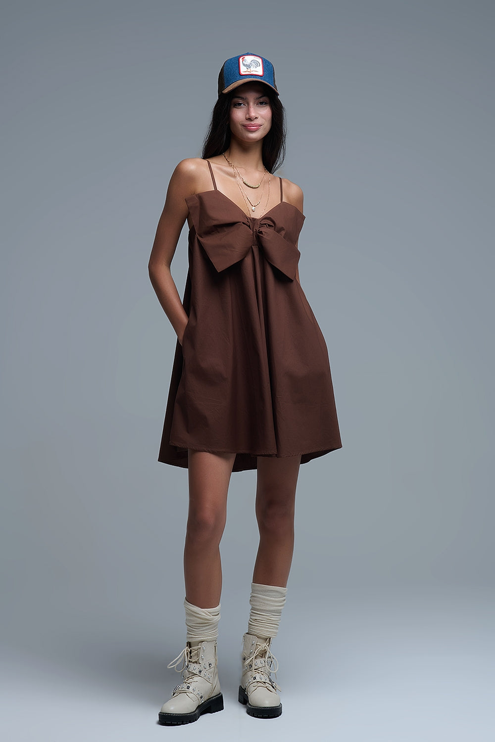 Brown poplin mini dress with a big bow detail