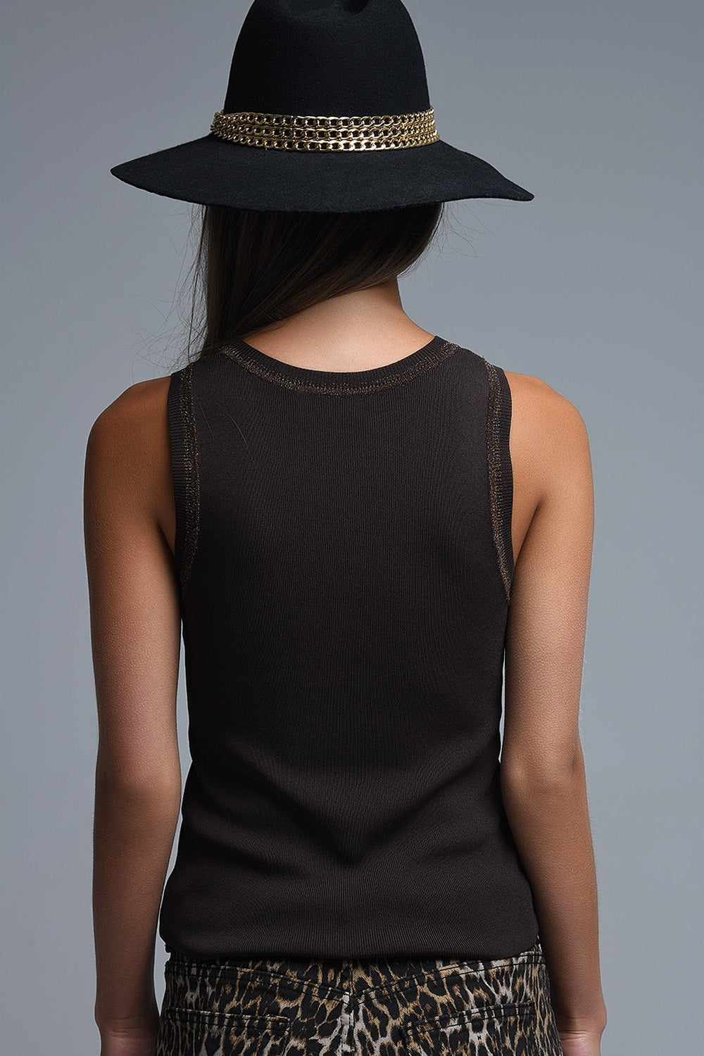 Brown Sleeveless Knit Top with Metallic Trim