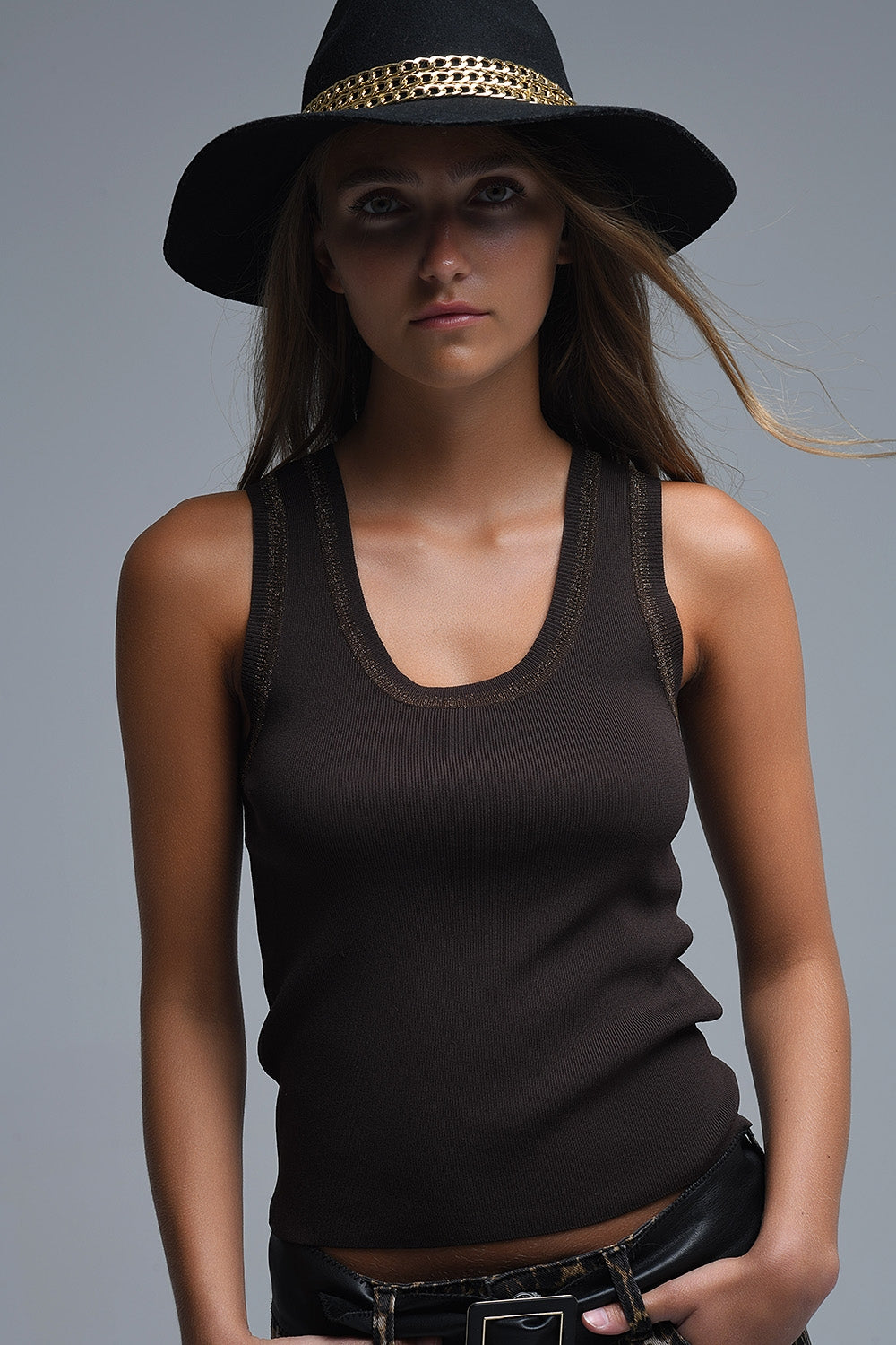 Brown Sleeveless Knit Top with Metallic Trim
