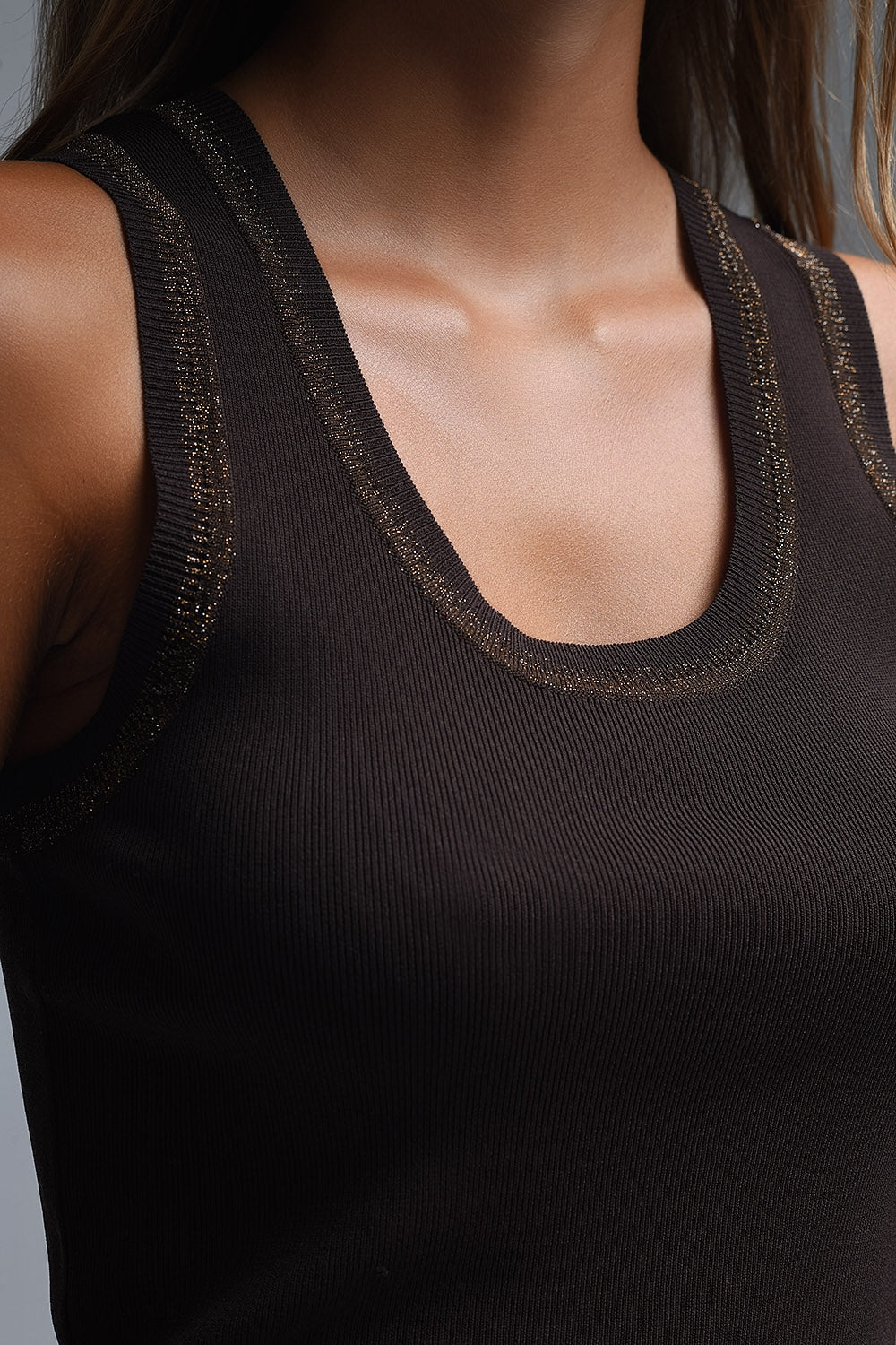 Brown Sleeveless Knit Top with Metallic Trim