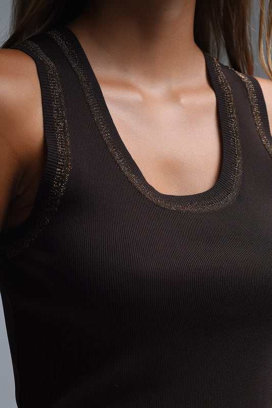 Brown Sleeveless Knit Top with Metallic Trim