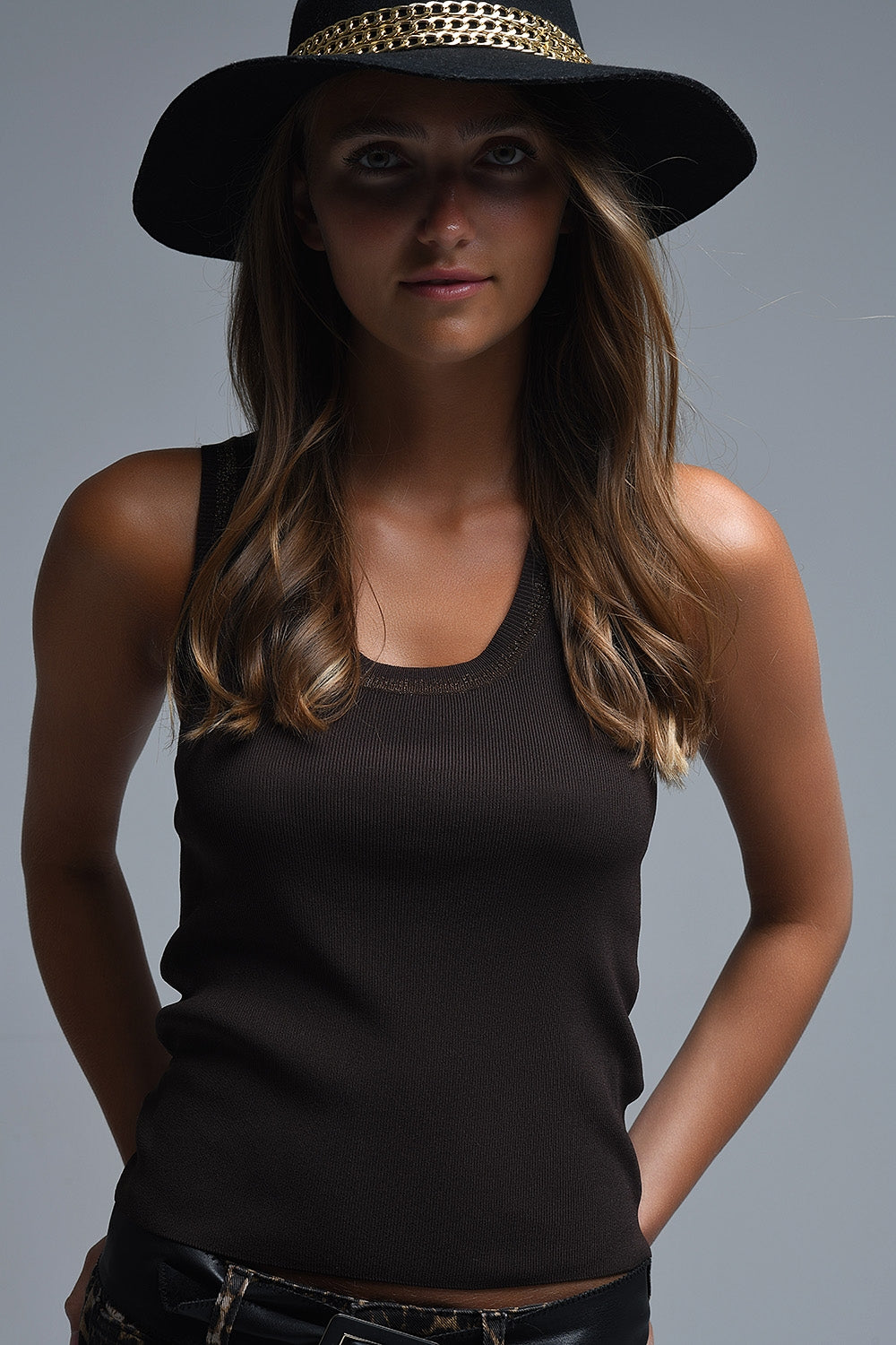 Q2 Brown Sleeveless Knit Top with Metallic Trim