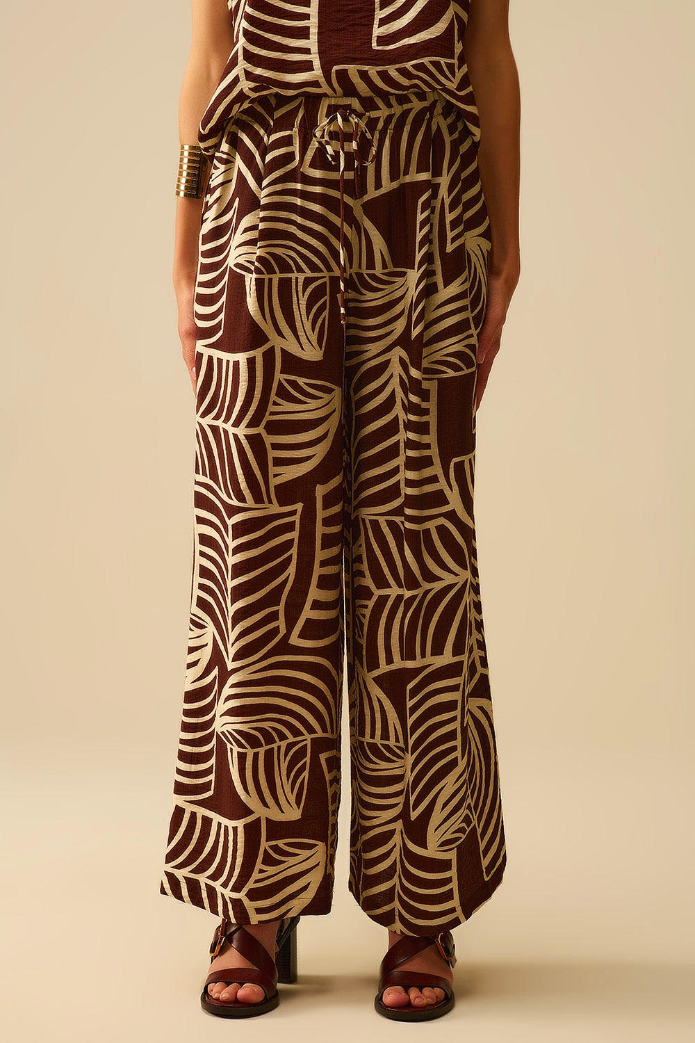 Q2 Brown Wide Leg Trousers with White Leaf Print